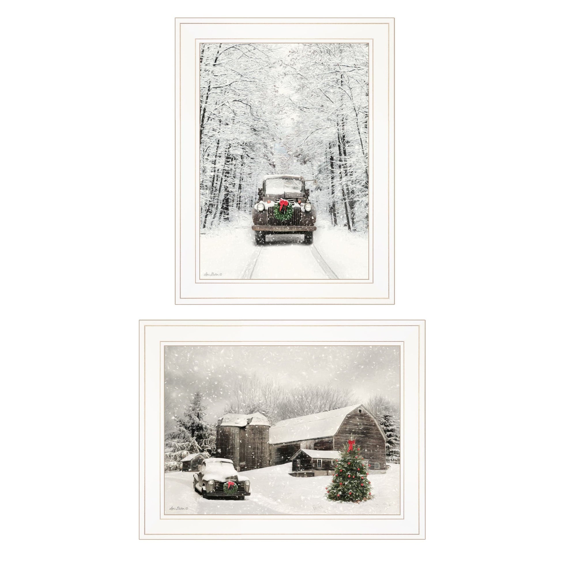 T & J Home Trends "Antique Christmas" 2-Piece Vignette by Lori Deiter, White Frame