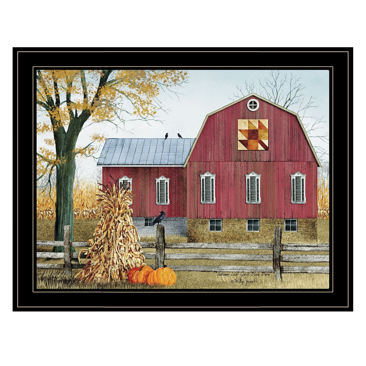 T & J Home Trends "Autumn Leaf Quilt Block Barn" by Billy Jacobs, Ready to Hang Framed Print, Black Frame