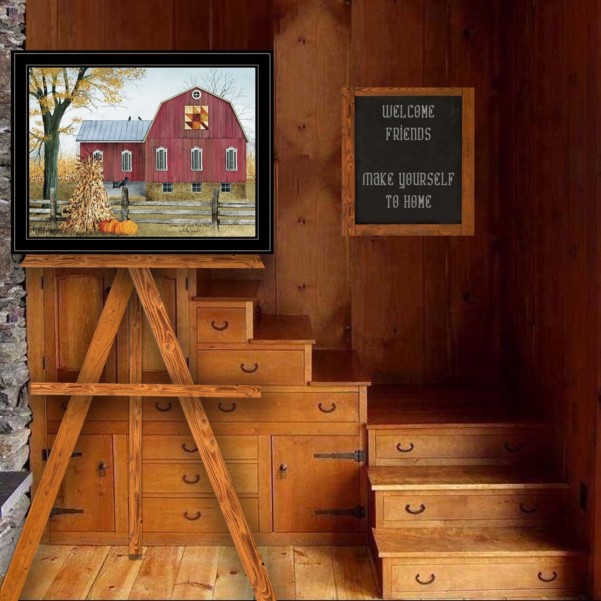 T & J Home Trends "Autumn Leaf Quilt Block Barn" by Billy Jacobs, Ready to Hang Framed Print, Black Frame