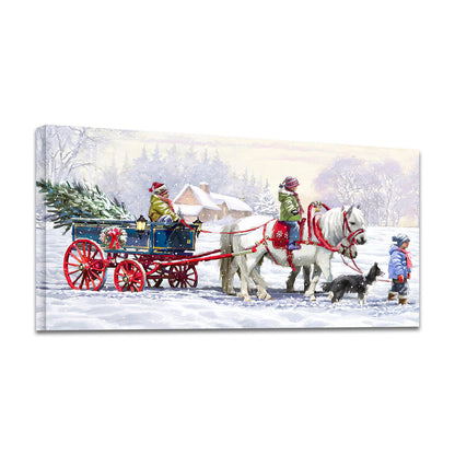 T & J Home Trends Christmas Sleigh Ride: 32x16 Framed Canvas Wall Art