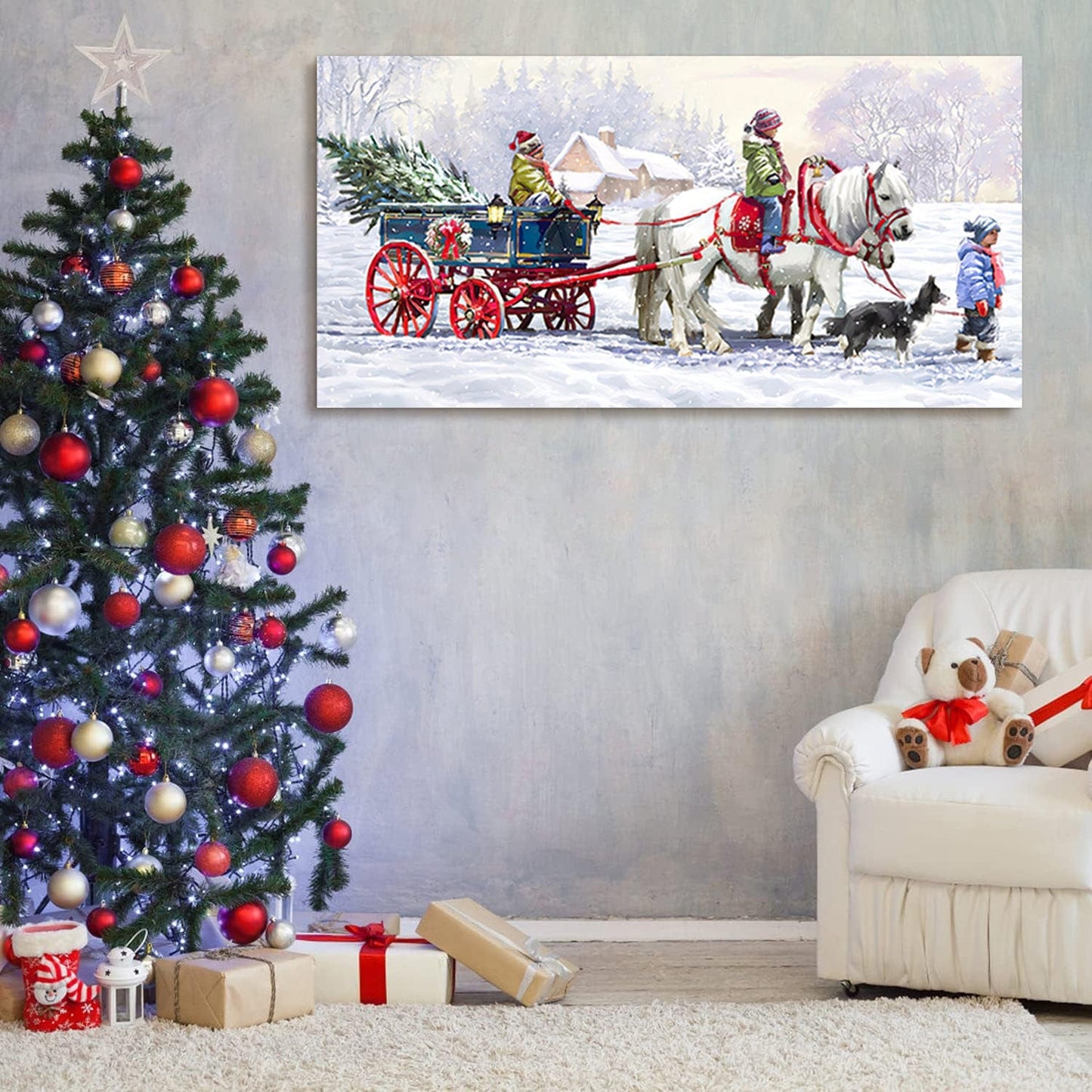 T & J Home Trends Christmas Sleigh Ride: 32x16 Framed Canvas Wall Art