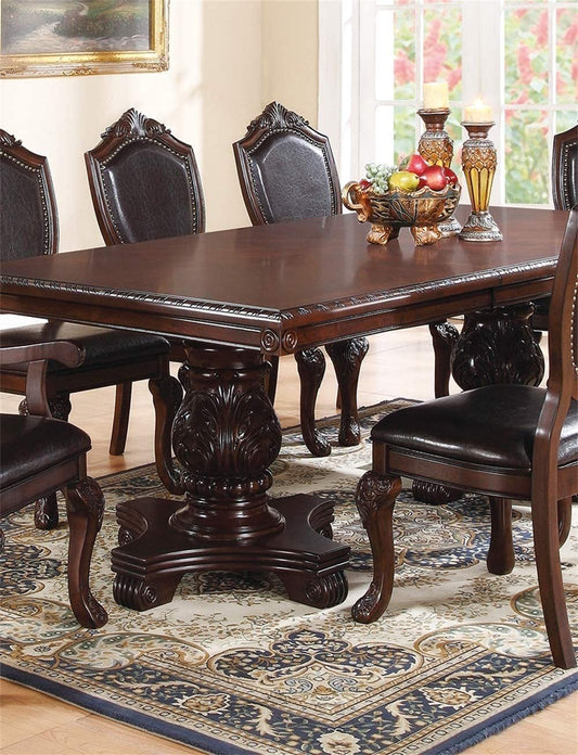 T & J Home Trends Dining Table Formal Brown Dining Room Table with Leaf - Double Pedestal Base - Royal Rectangle Table (Table Only)