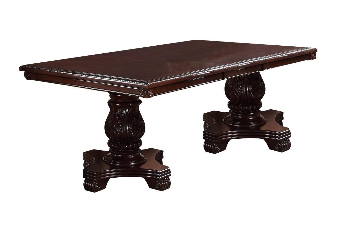 T & J Home Trends Dining Table Formal Brown Dining Room Table with Leaf - Double Pedestal Base - Royal Rectangle Table (Table Only)