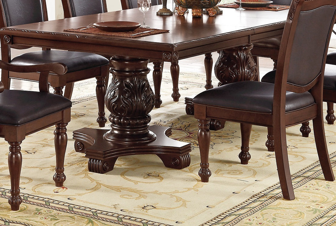 T & J Home Trends Dining Table Formal Brown Dining Room Table with Leaf - Double Pedestal Base - Royal Rectangle Table (Table Only)