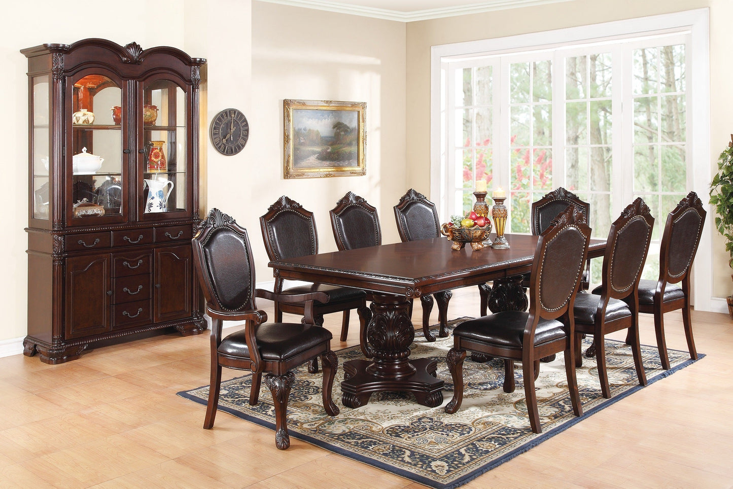 T & J Home Trends Dining Table Formal Brown Dining Room Table with Leaf - Double Pedestal Base - Royal Rectangle Table (Table Only)