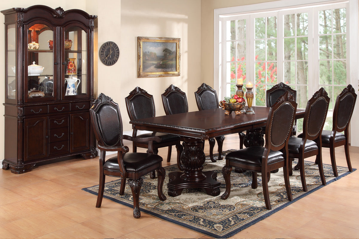 T & J Home Trends Dining Table Formal Brown Dining Room Table with Leaf - Double Pedestal Base - Royal Rectangle Table (Table Only)