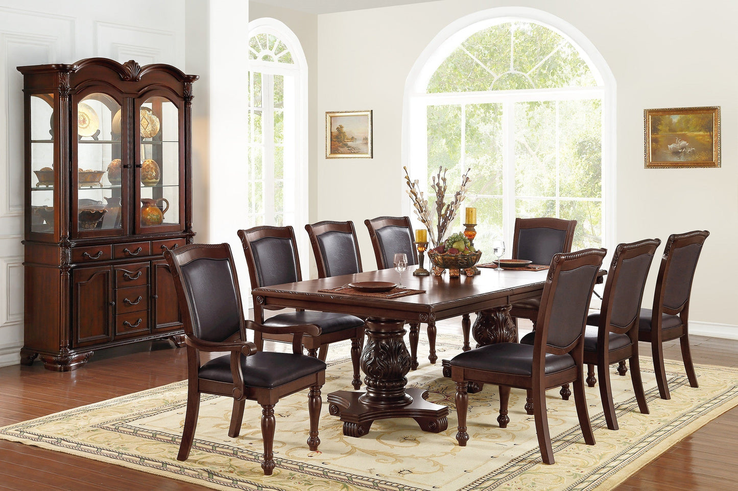 T & J Home Trends Dining Table Formal Brown Dining Room Table with Leaf - Double Pedestal Base - Royal Rectangle Table (Table Only)