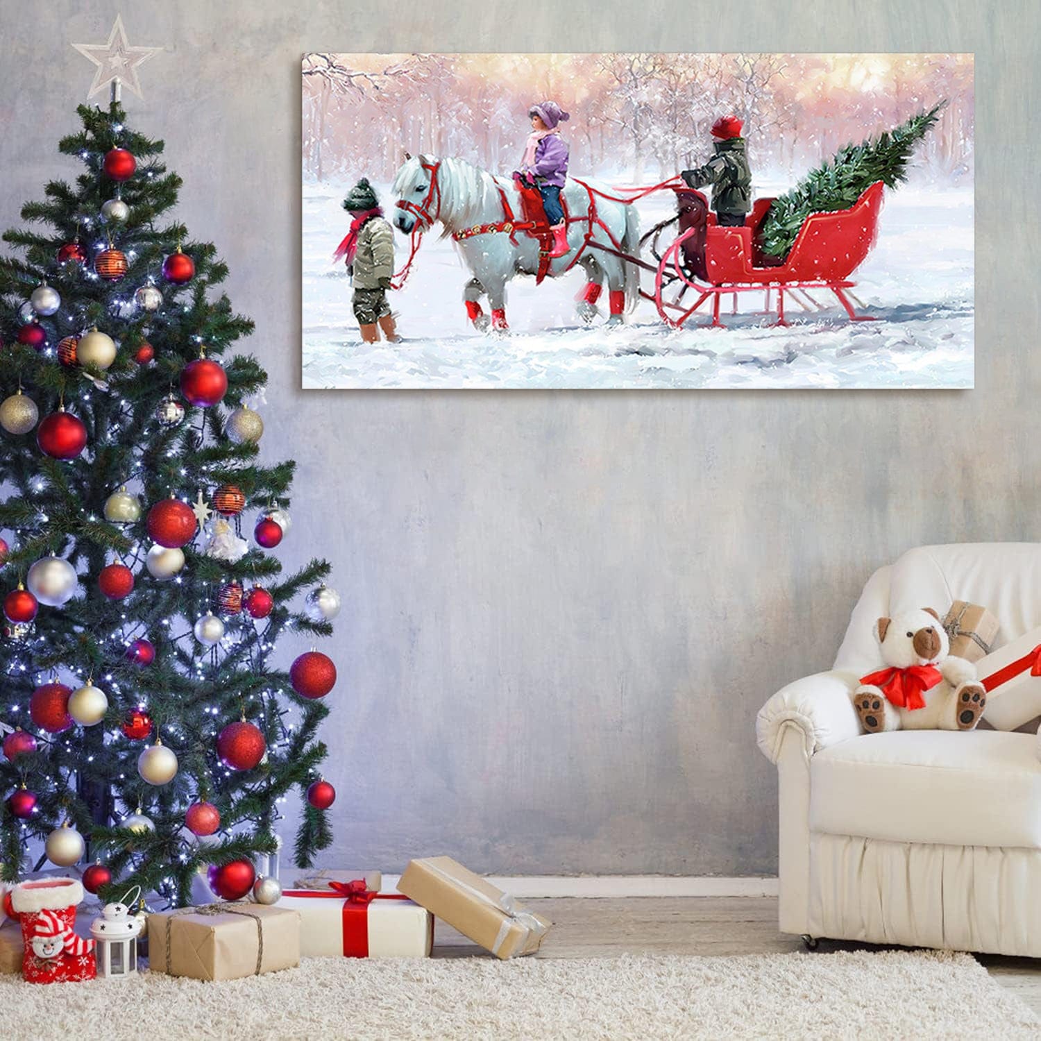 T & J Home Trends Framed Canvas Wall Art Decor Painting For Chrismas, Kids Riding White Horse Sledge Chrismas Gift Painting For Chrismas Gift, Decoration For Chrismas Eve Office Living Room, Bedroom Decor-Ready To Hang