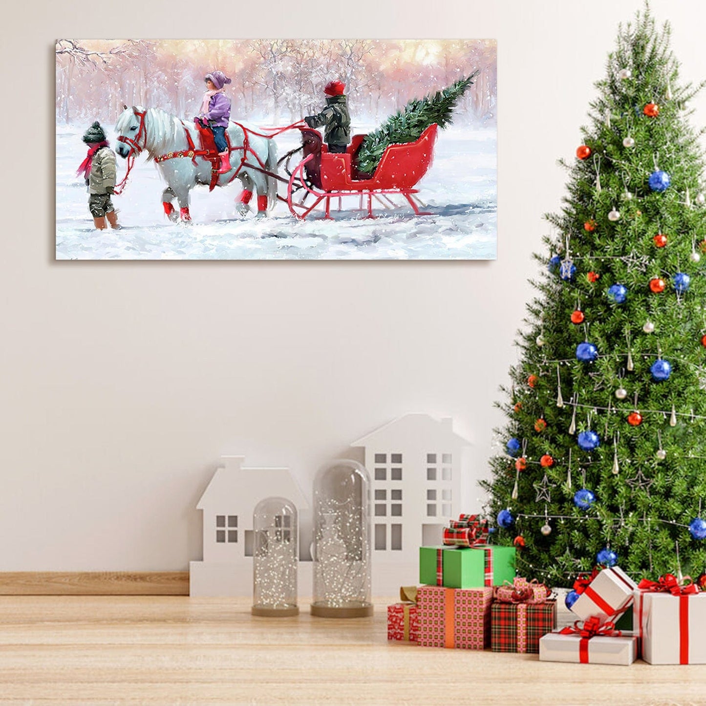 T & J Home Trends Framed Canvas Wall Art Decor Painting For Chrismas, Kids Riding White Horse Sledge Chrismas Gift Painting For Chrismas Gift, Decoration For Chrismas Eve Office Living Room, Bedroom Decor-Ready To Hang