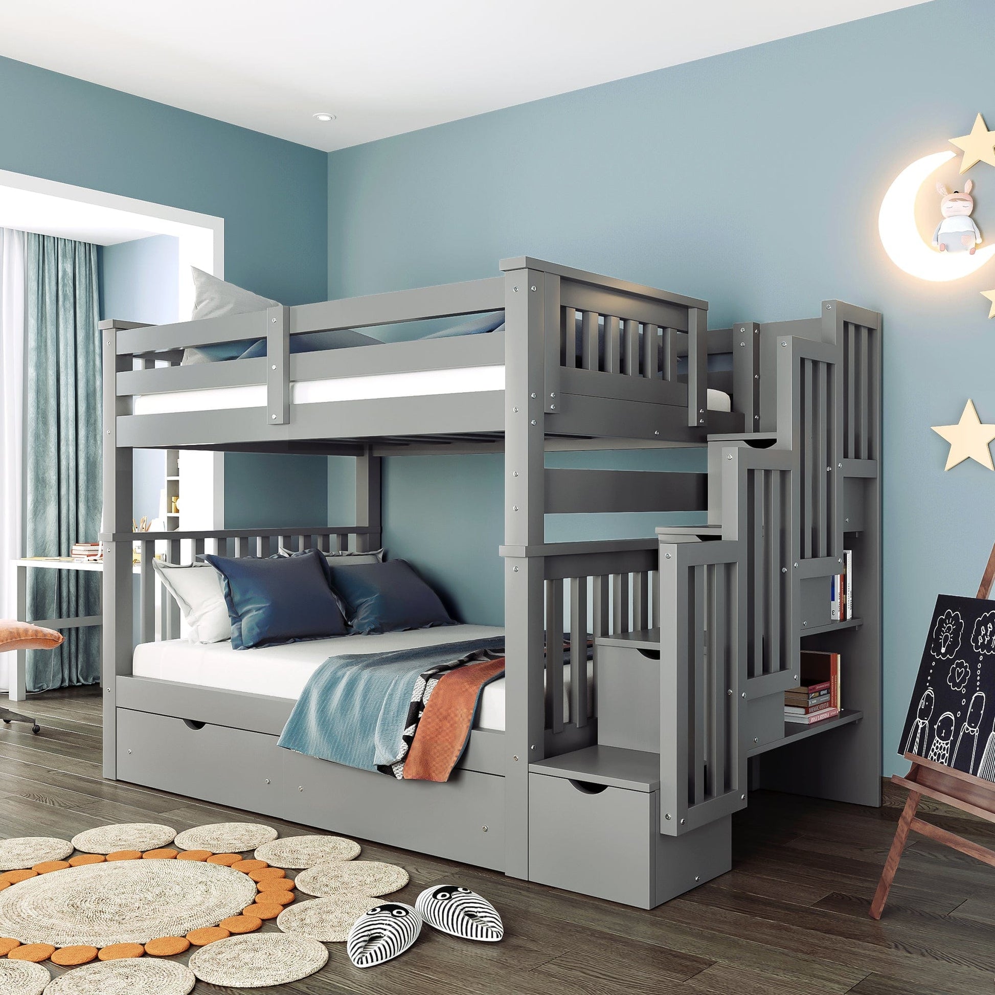 T & J Home Trends Full Over Full Bunk Bed with Shelves and 6 Storage Drawers, Gray(Old SKU：LP000046AAE)