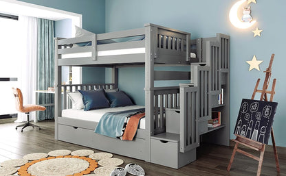 T & J Home Trends Full Over Full Bunk Bed with Shelves and 6 Storage Drawers, Gray(Old SKU：LP000046AAE)