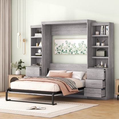 T & J Home Trends Full Size Murphy Bed with Storage Shelves and Drawers, Gray