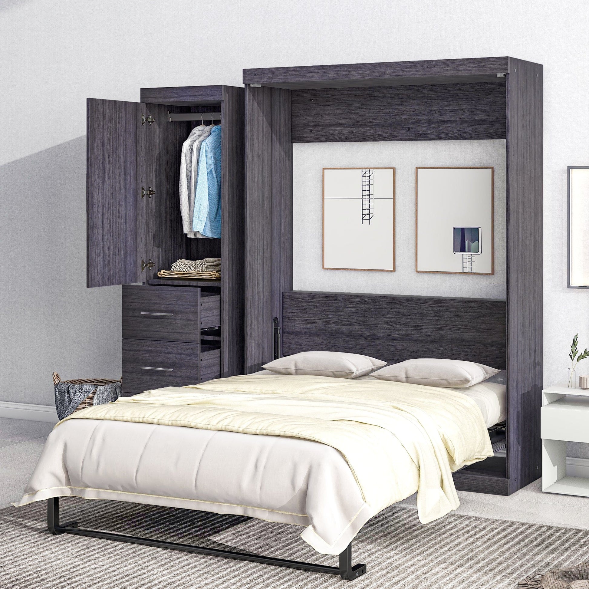 T & J Home Trends Full Size Murphy Bed with Wardrobe and Drawers, Storage Bed, can be Folded into a Cabinet, Gray