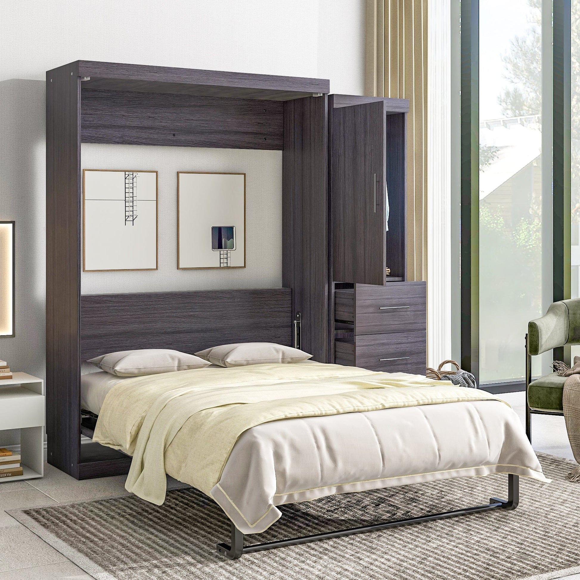 T & J Home Trends Full Size Murphy Bed with Wardrobe and Drawers, Storage Bed, can be Folded into a Cabinet, Gray