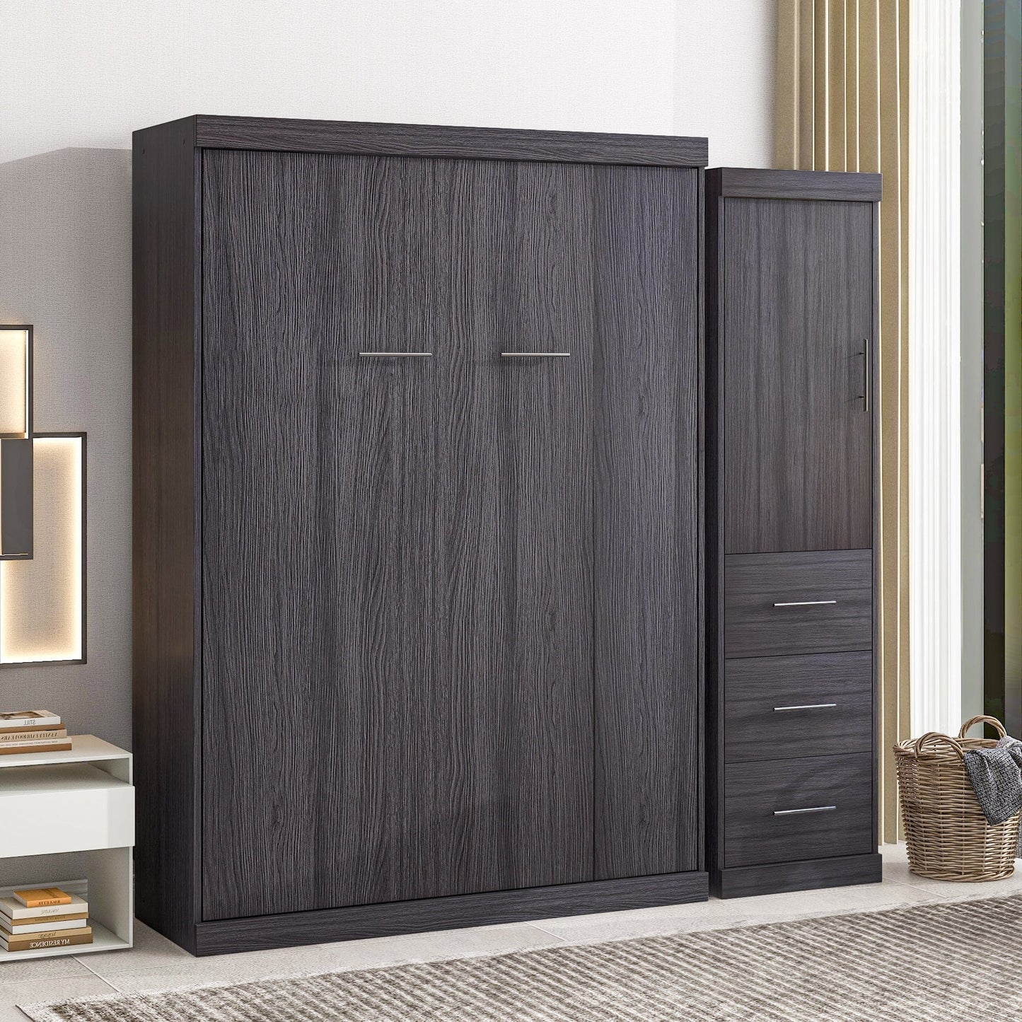 T & J Home Trends Full Size Murphy Bed with Wardrobe and Drawers, Storage Bed, can be Folded into a Cabinet, Gray