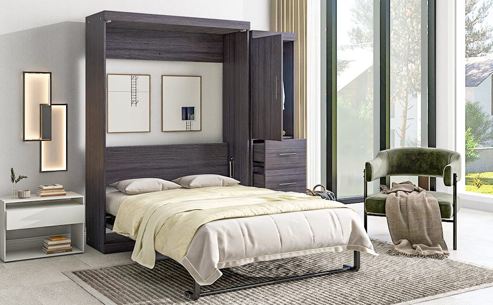 T & J Home Trends Full Size Murphy Bed with Wardrobe and Drawers, Storage Bed, can be Folded into a Cabinet, Gray