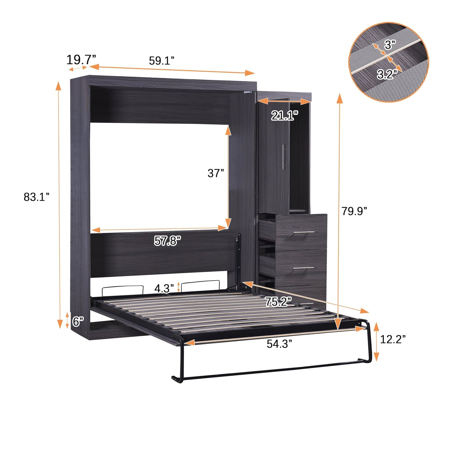 T & J Home Trends Full Size Murphy Bed with Wardrobe and Drawers, Storage Bed, can be Folded into a Cabinet, Gray