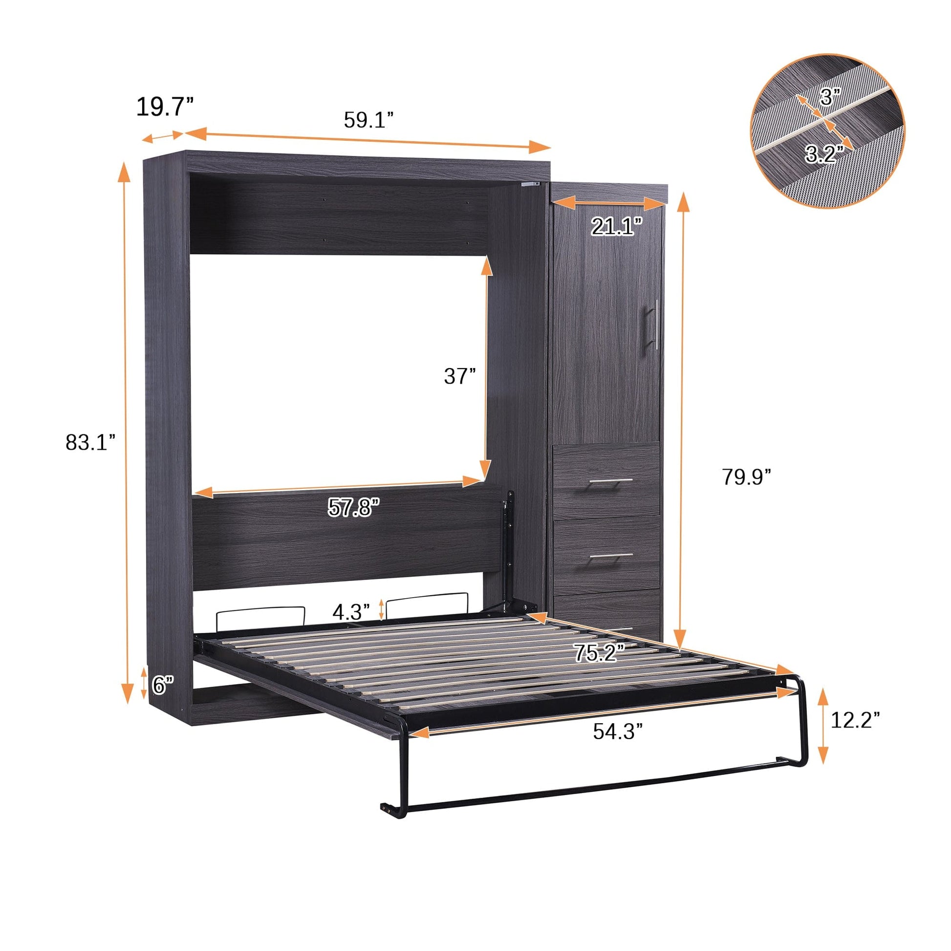 T & J Home Trends Full Size Murphy Bed with Wardrobe and Drawers, Storage Bed, can be Folded into a Cabinet, Gray