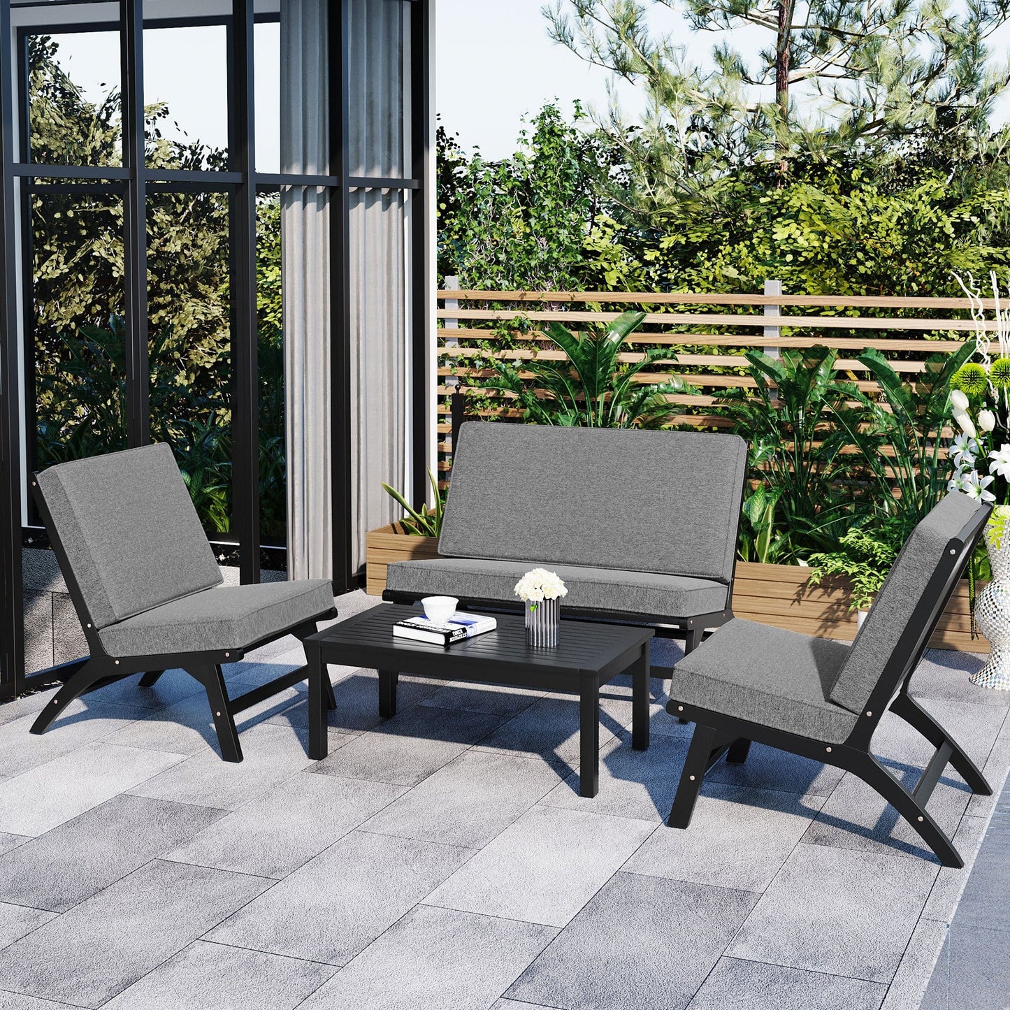 T & J Home Trends GO 4-Piece V-shaped Seats set, Acacia Solid Wood Outdoor Sofa, Garden Furniture, Outdoor seating, Black And Gray