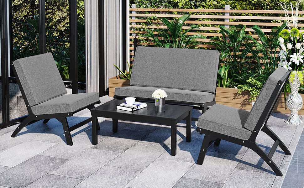 T & J Home Trends GO 4-Piece V-shaped Seats set, Acacia Solid Wood Outdoor Sofa, Garden Furniture, Outdoor seating, Black And Gray