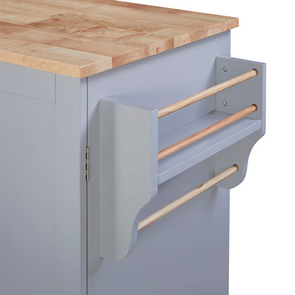 T & J Home Trends K&K Rolling Kitchen Island with Storage, Kitchen Cart with Rubber Wood Top, 3 Drawer, 2 Slide-Out Shelf and Internal Storage Rack, Kitchen Island on Wheels with Spice Rack & Tower Rack, Grey Blue