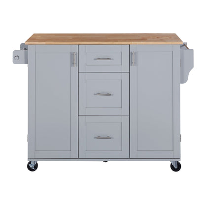 T & J Home Trends K&K Rolling Kitchen Island with Storage, Kitchen Cart with Rubber Wood Top, 3 Drawer, 2 Slide-Out Shelf and Internal Storage Rack, Kitchen Island on Wheels with Spice Rack & Tower Rack, Grey Blue