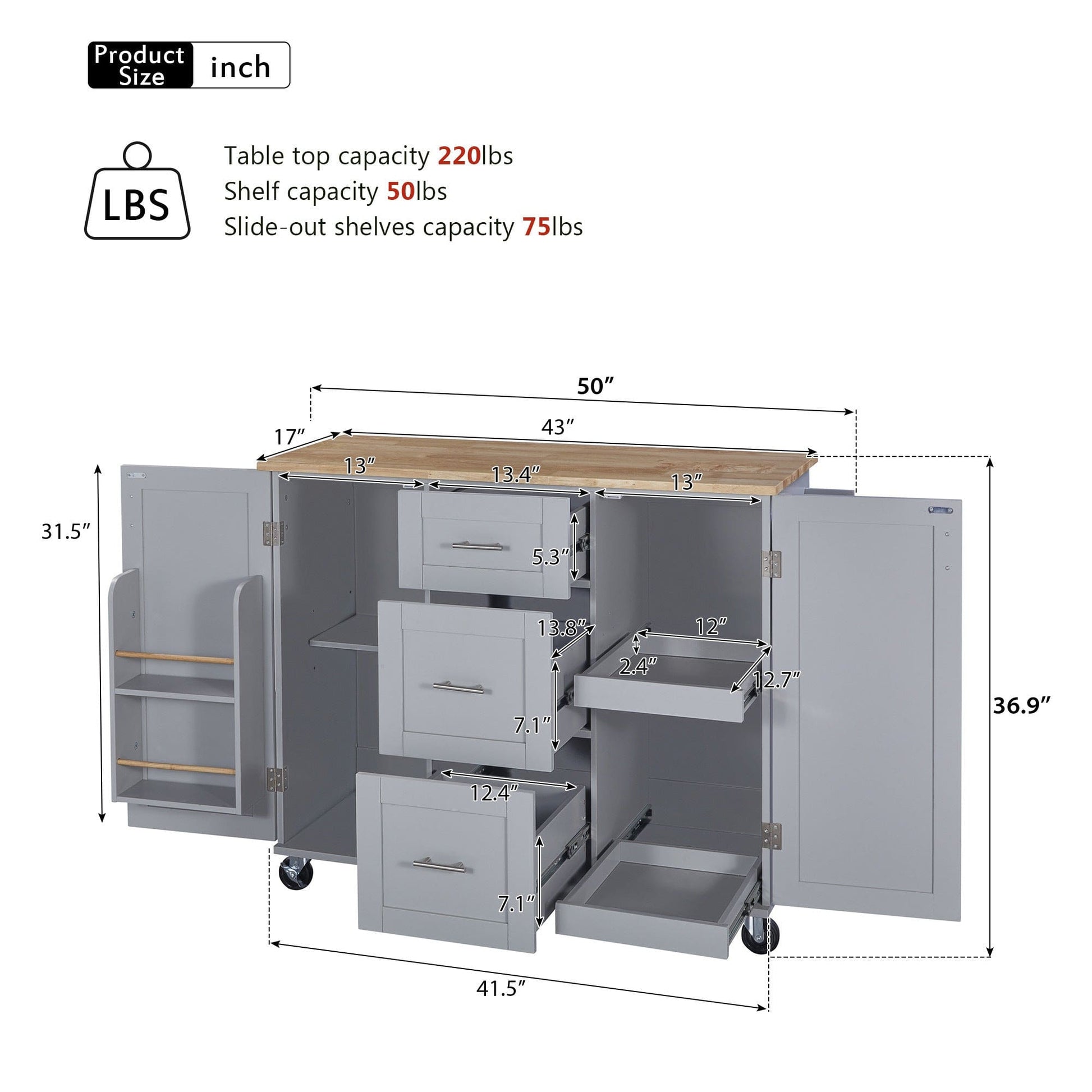 T & J Home Trends K&K Rolling Kitchen Island with Storage, Kitchen Cart with Rubber Wood Top, 3 Drawer, 2 Slide-Out Shelf and Internal Storage Rack, Kitchen Island on Wheels with Spice Rack & Tower Rack, Grey Blue