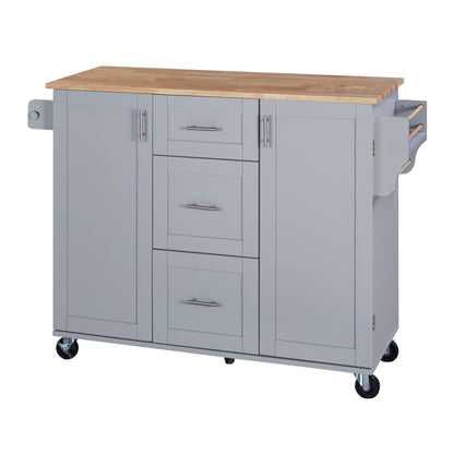 T & J Home Trends K&K Rolling Kitchen Island with Storage, Kitchen Cart with Rubber Wood Top, 3 Drawer, 2 Slide-Out Shelf and Internal Storage Rack, Kitchen Island on Wheels with Spice Rack & Tower Rack, Grey Blue