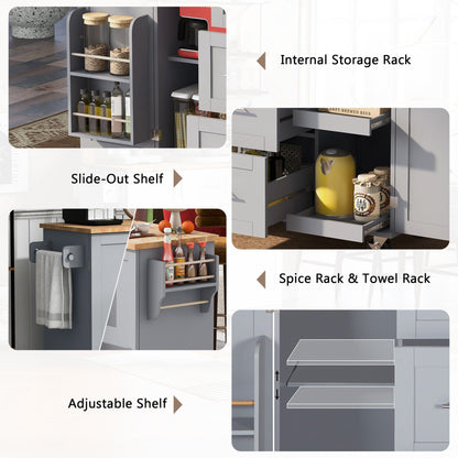 T & J Home Trends K&K Rolling Kitchen Island with Storage, Kitchen Cart with Rubber Wood Top, 3 Drawer, 2 Slide-Out Shelf and Internal Storage Rack, Kitchen Island on Wheels with Spice Rack & Tower Rack, Grey Blue