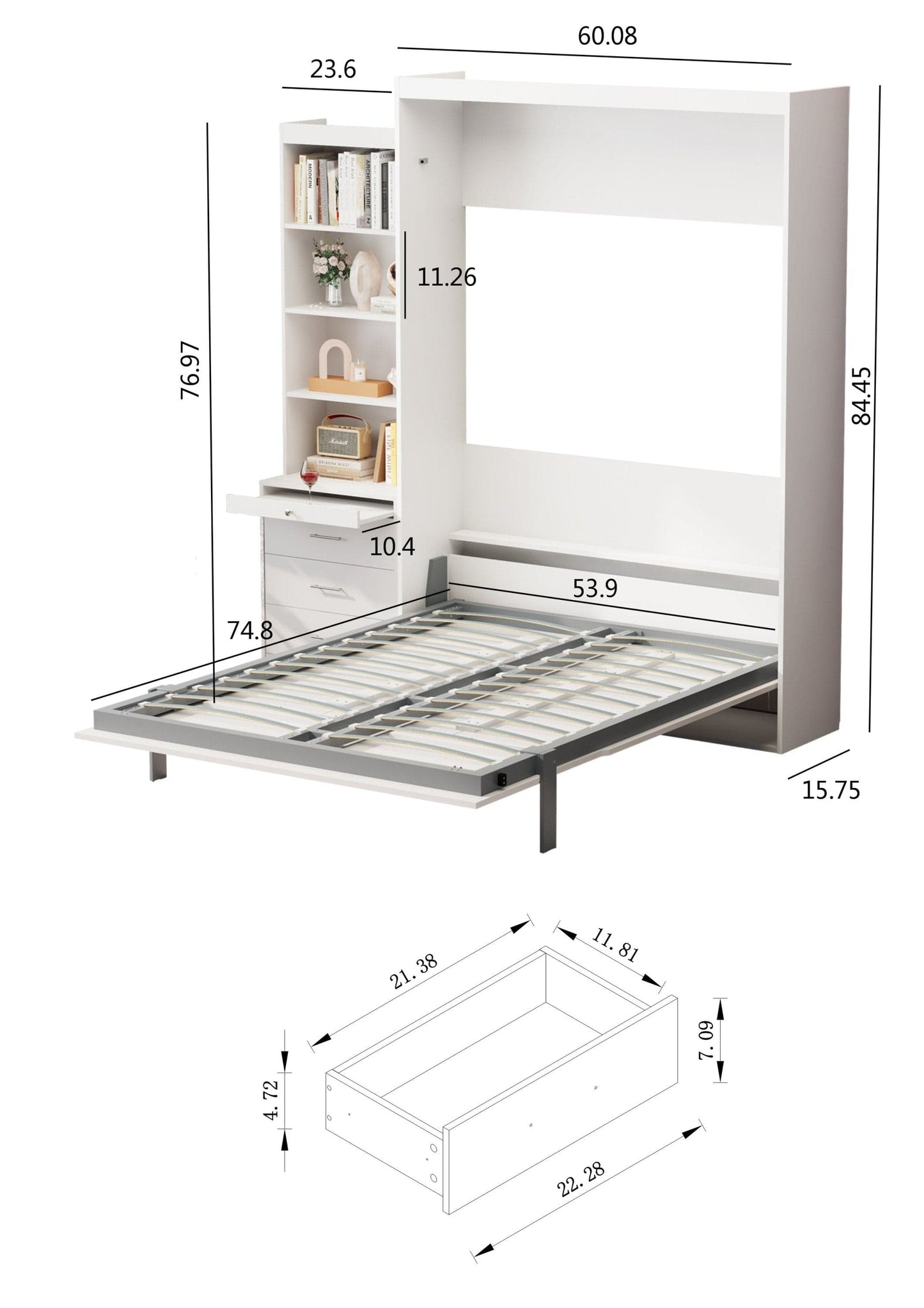 T & J Home Trends Morden Deisgn Full Size Vertical Murphy Bed with Shelf and Drawers for Bedroom or Guestroom White Wall Bed Space Saving Hidden Bed with New Style Gas Struts