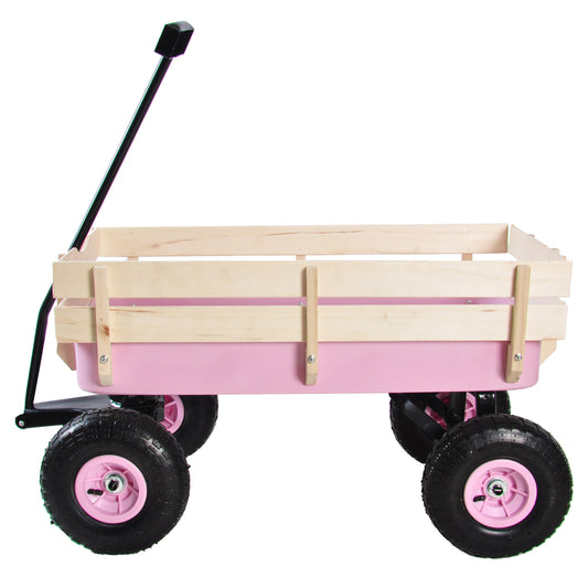 T & J Home Trends Outdoor Wagon All Terrain Pulling w/Wood Railing Air Tires Children Kid Garden