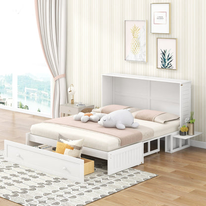 T & J Home Trends Queen Size Mobile Murphy Bed with Drawer and Little Shelves on Each Side,White