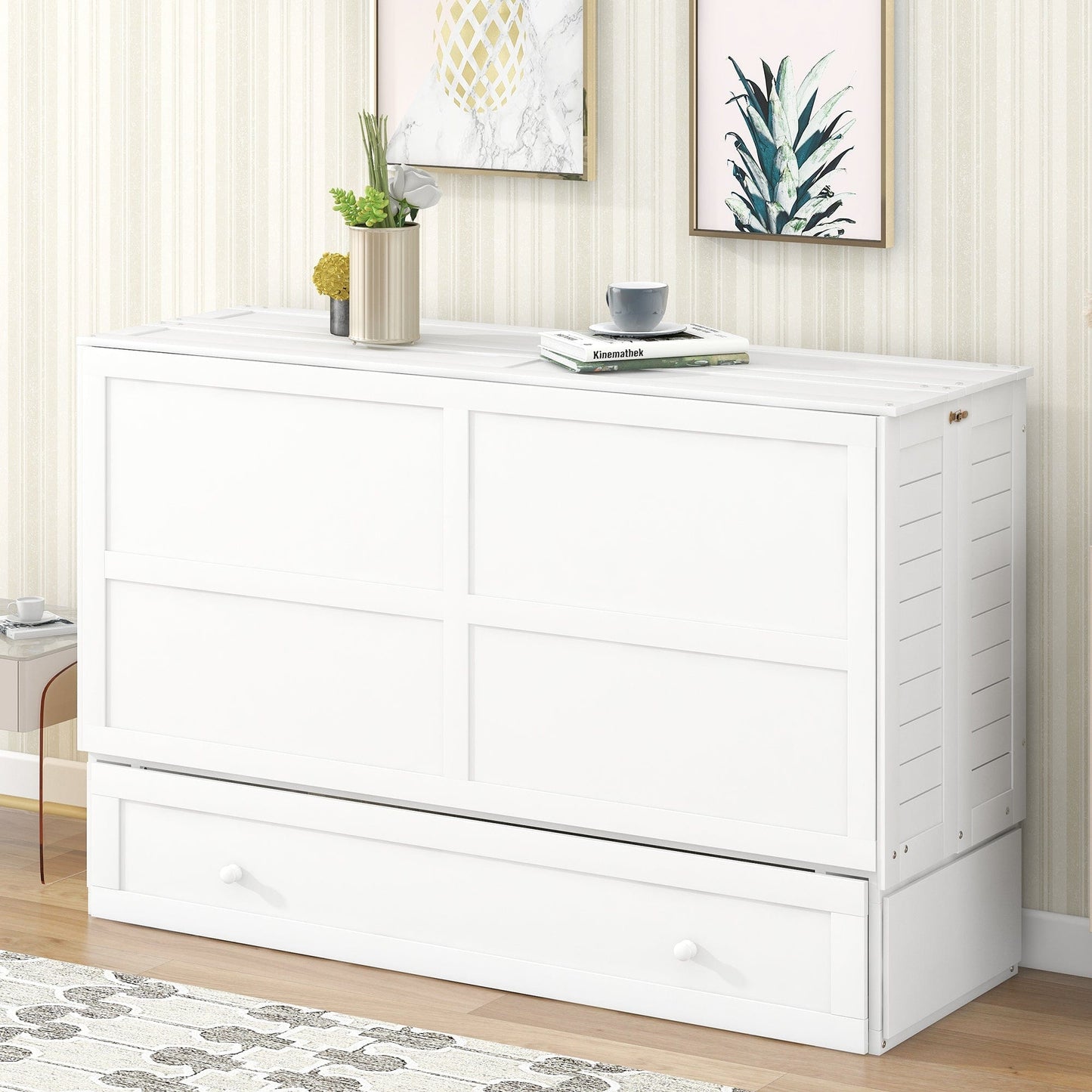 T & J Home Trends Queen Size Mobile Murphy Bed with Drawer and Little Shelves on Each Side,White