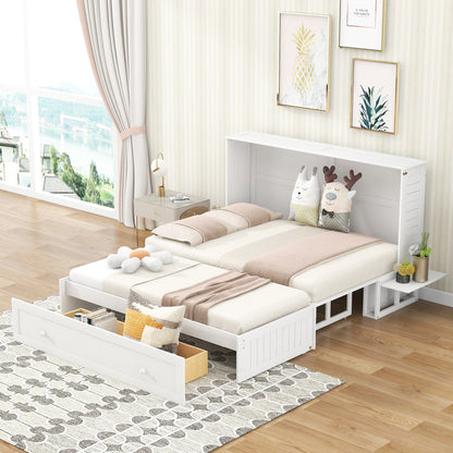 T & J Home Trends Queen Size Mobile Murphy Bed with Drawer and Little Shelves on Each Side,White