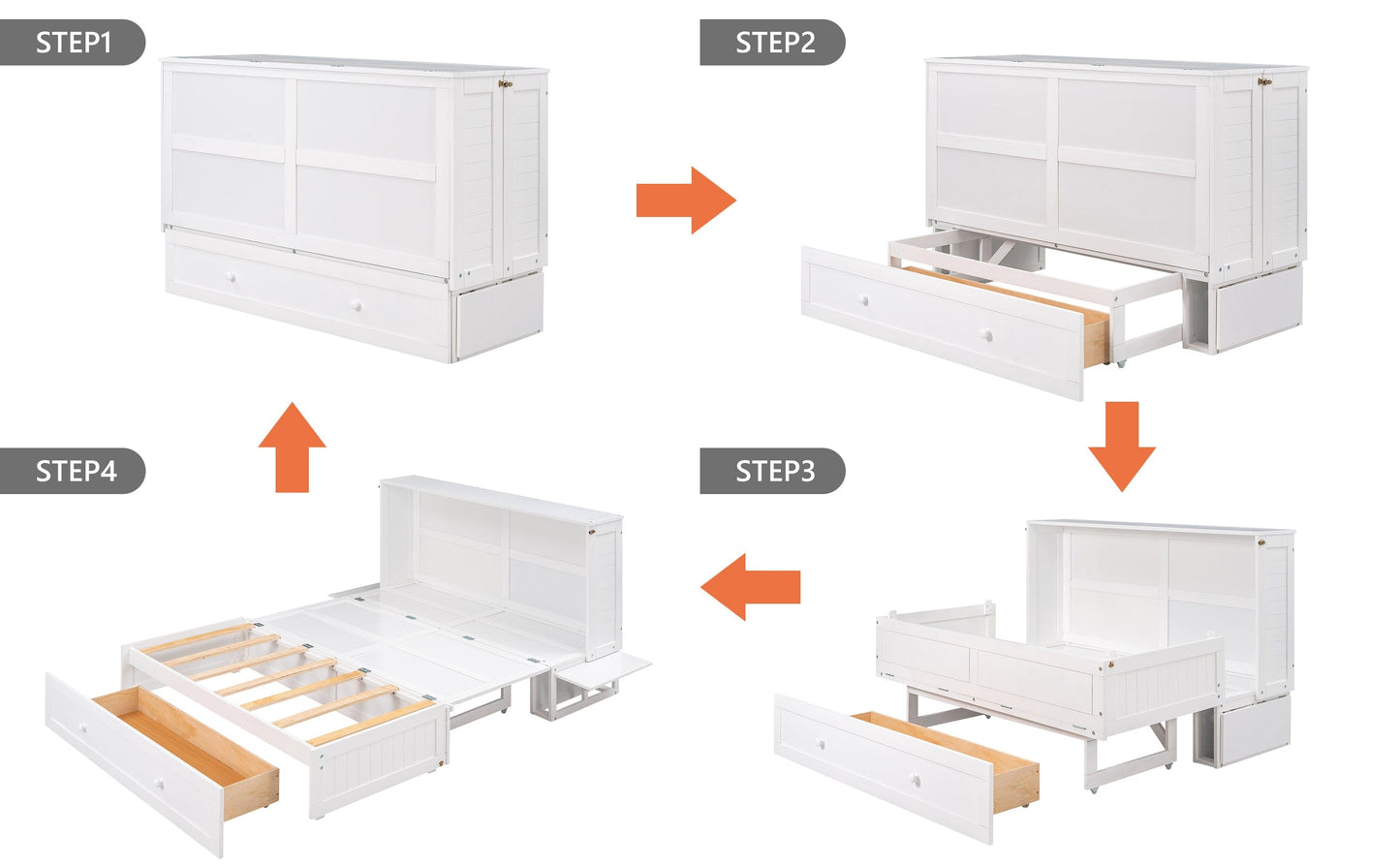 T & J Home Trends Queen Size Mobile Murphy Bed with Drawer and Little Shelves on Each Side,White