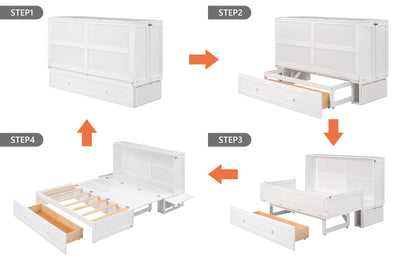 T & J Home Trends Queen Size Mobile Murphy Bed with Drawer and Little Shelves on Each Side,White