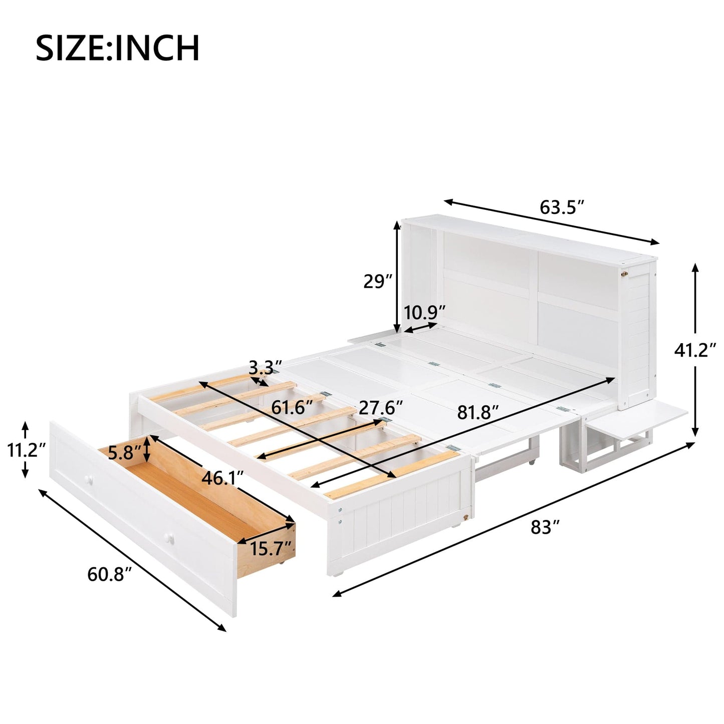 T & J Home Trends Queen Size Mobile Murphy Bed with Drawer and Little Shelves on Each Side,White