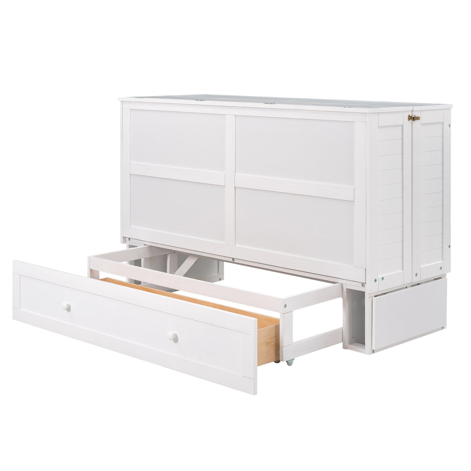 T & J Home Trends Queen Size Mobile Murphy Bed with Drawer and Little Shelves on Each Side,White