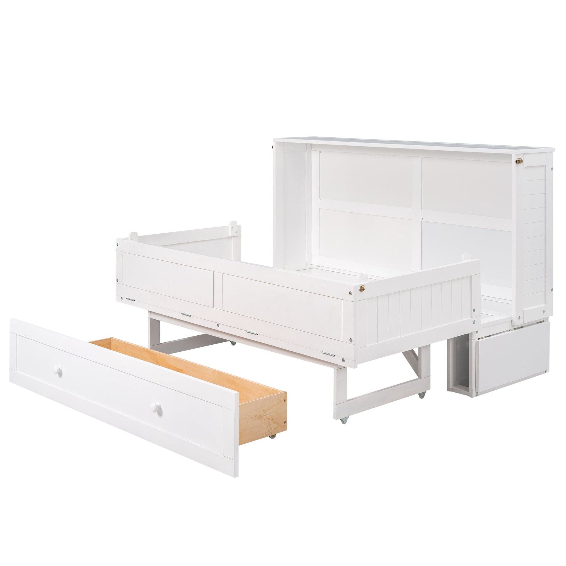 T & J Home Trends Queen Size Mobile Murphy Bed with Drawer and Little Shelves on Each Side,White