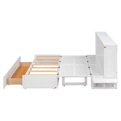 T & J Home Trends Queen Size Mobile Murphy Bed with Drawer and Little Shelves on Each Side,White