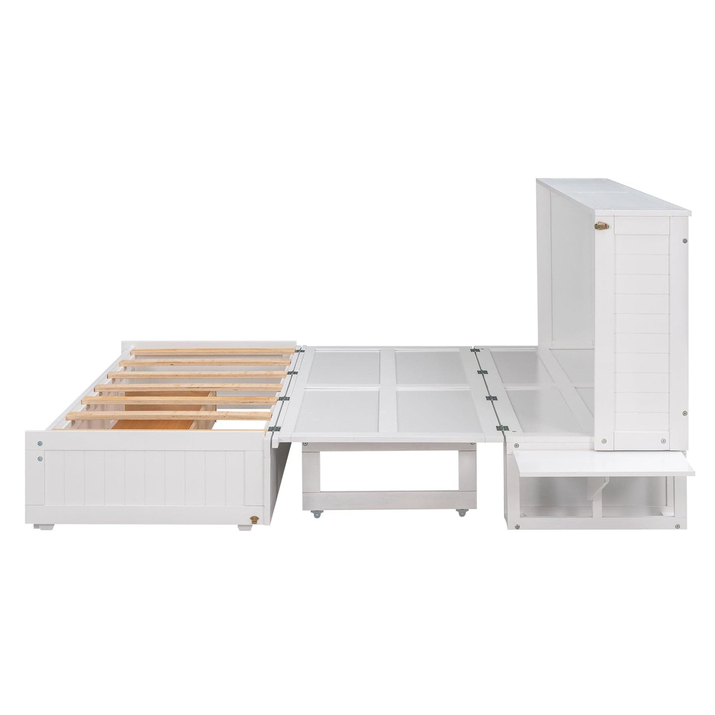 T & J Home Trends Queen Size Mobile Murphy Bed with Drawer and Little Shelves on Each Side,White