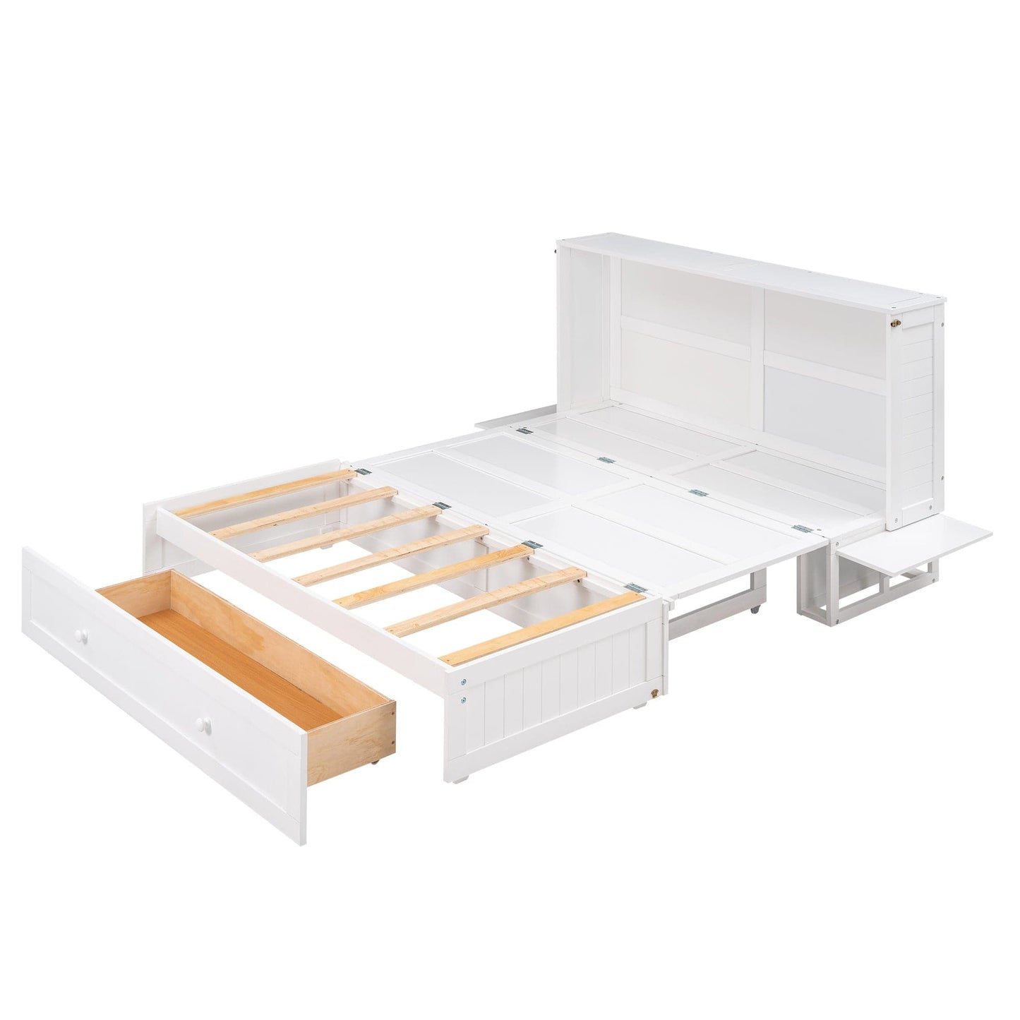 T & J Home Trends Queen Size Mobile Murphy Bed with Drawer and Little Shelves on Each Side,White