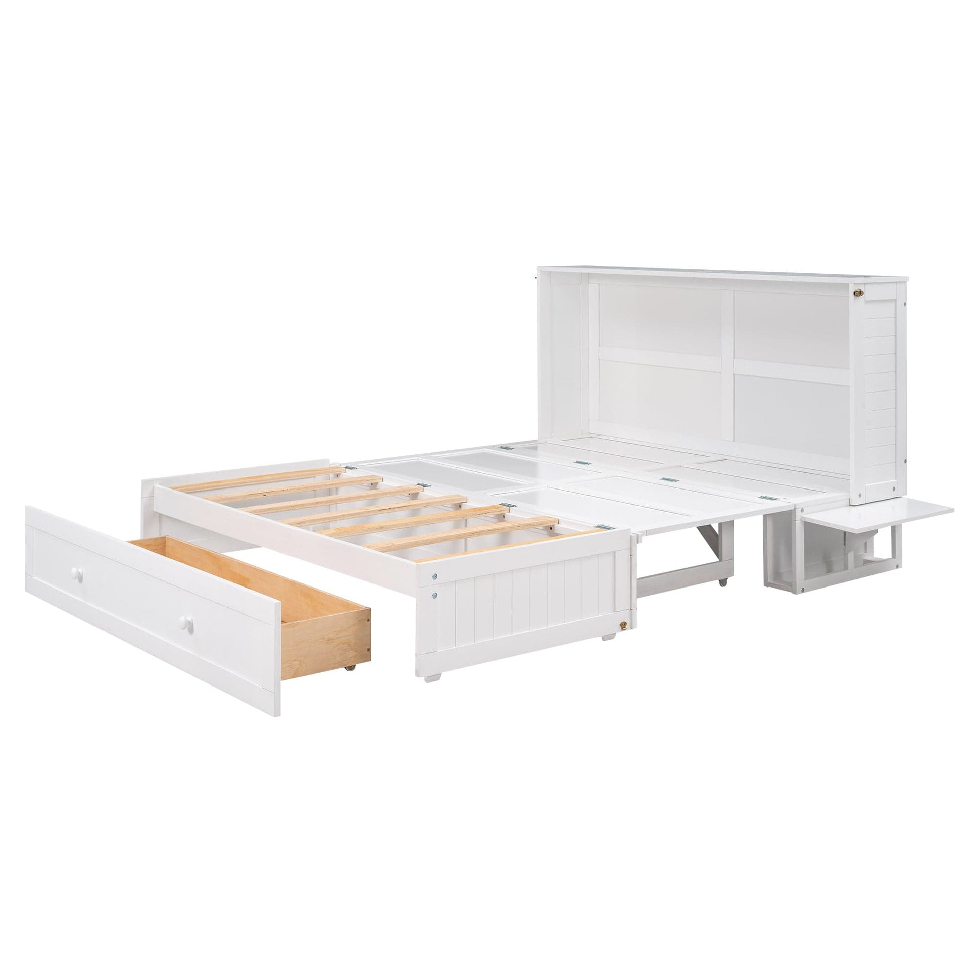 T & J Home Trends Queen Size Mobile Murphy Bed with Drawer and Little Shelves on Each Side,White