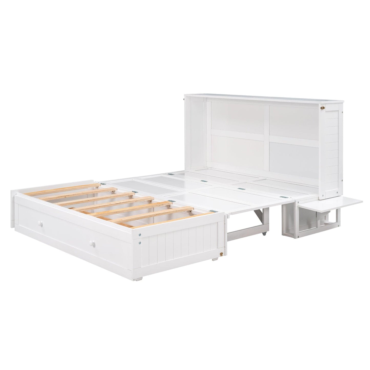 T & J Home Trends Queen Size Mobile Murphy Bed with Drawer and Little Shelves on Each Side,White