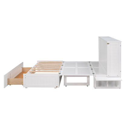 T & J Home Trends Queen Size Mobile Murphy Bed with Drawer and Little Shelves on Each Side,White