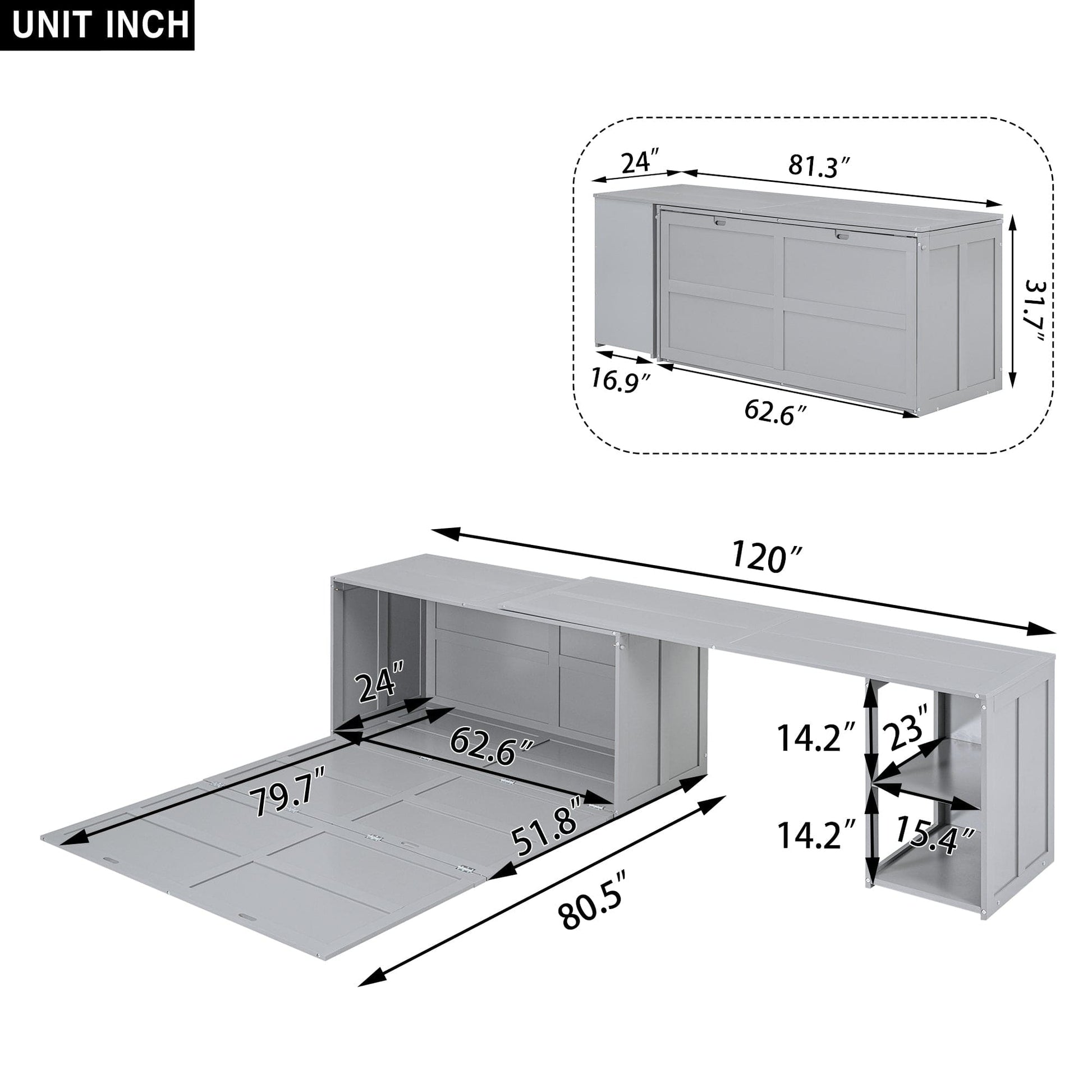 T & J Home Trends Queen Size Murphy Bed with Rotable Desk, Gray