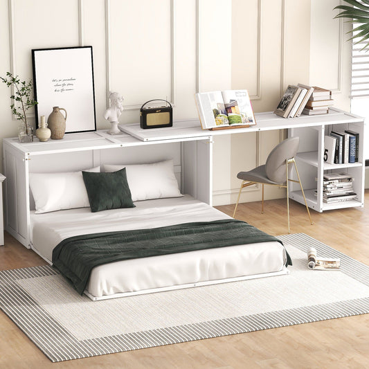 T & J Home Trends Queen Size Murphy Bed with Rotable Desk, White