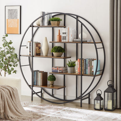 T & J Home Trends Round 5-Tier Metal Plant Stand bookcase storage rack, Indoor Living Room Terrace Garden Balcony Display Stand. Rustic Brown, 67'' W x 11.8'' D x 67'' H.