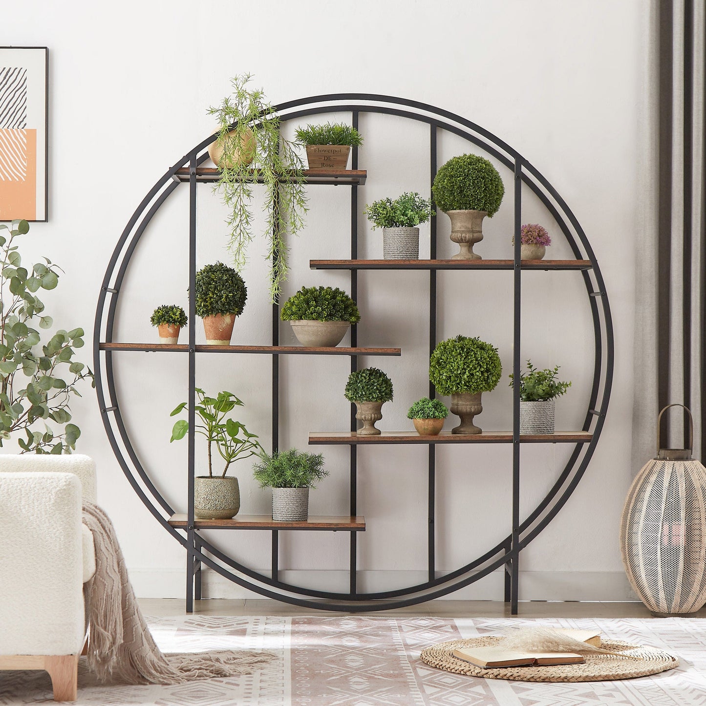 T & J Home Trends Round 5-Tier Metal Plant Stand bookcase storage rack, Indoor Living Room Terrace Garden Balcony Display Stand. Rustic Brown, 67'' W x 11.8'' D x 67'' H.