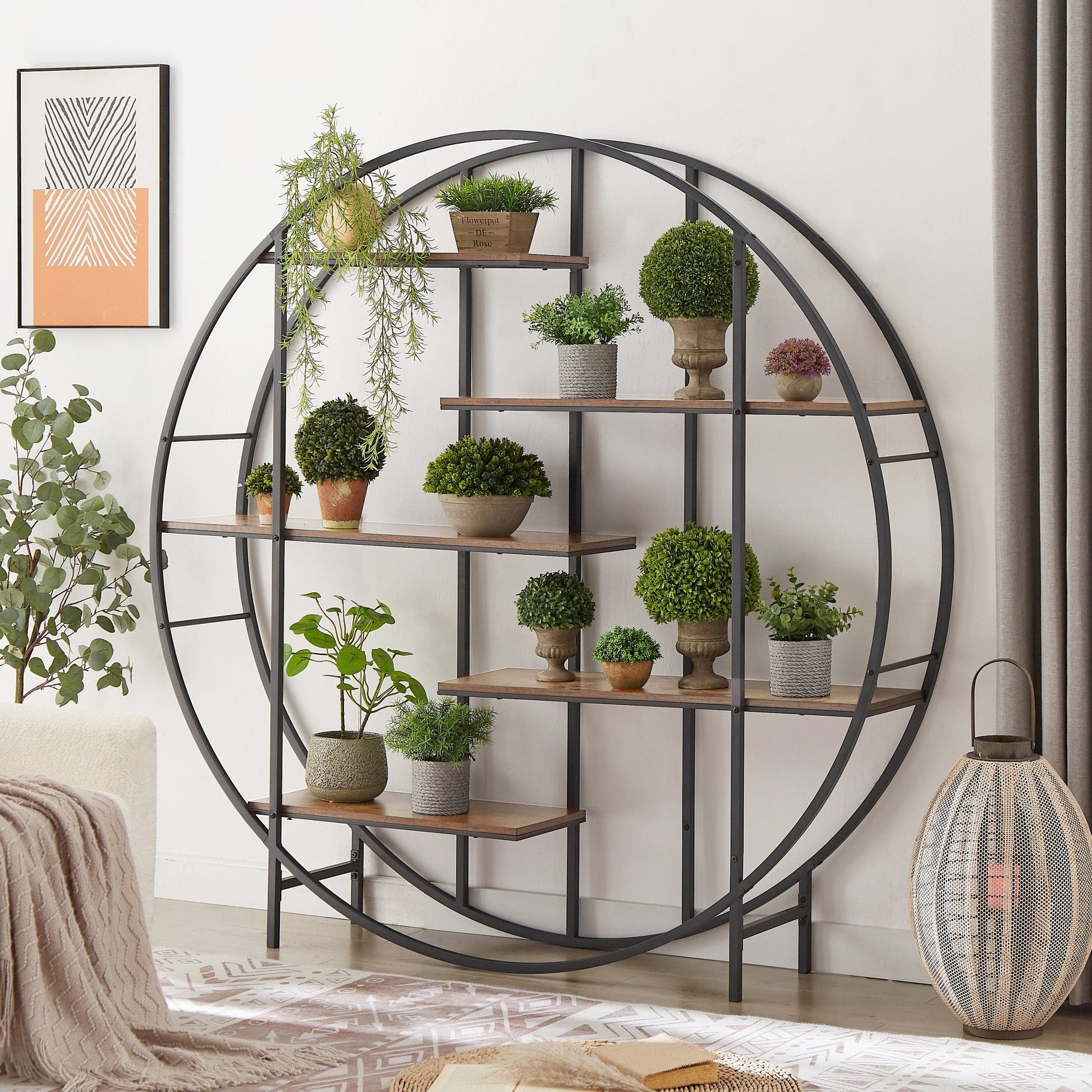 T & J Home Trends Round 5-Tier Metal Plant Stand bookcase storage rack, Indoor Living Room Terrace Garden Balcony Display Stand. Rustic Brown, 67'' W x 11.8'' D x 67'' H.